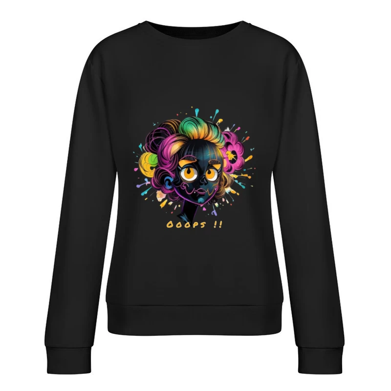 Whimsical Cartoon Character with Rainbow Hair and Paint Splashes Female Pullover Sweatshirt