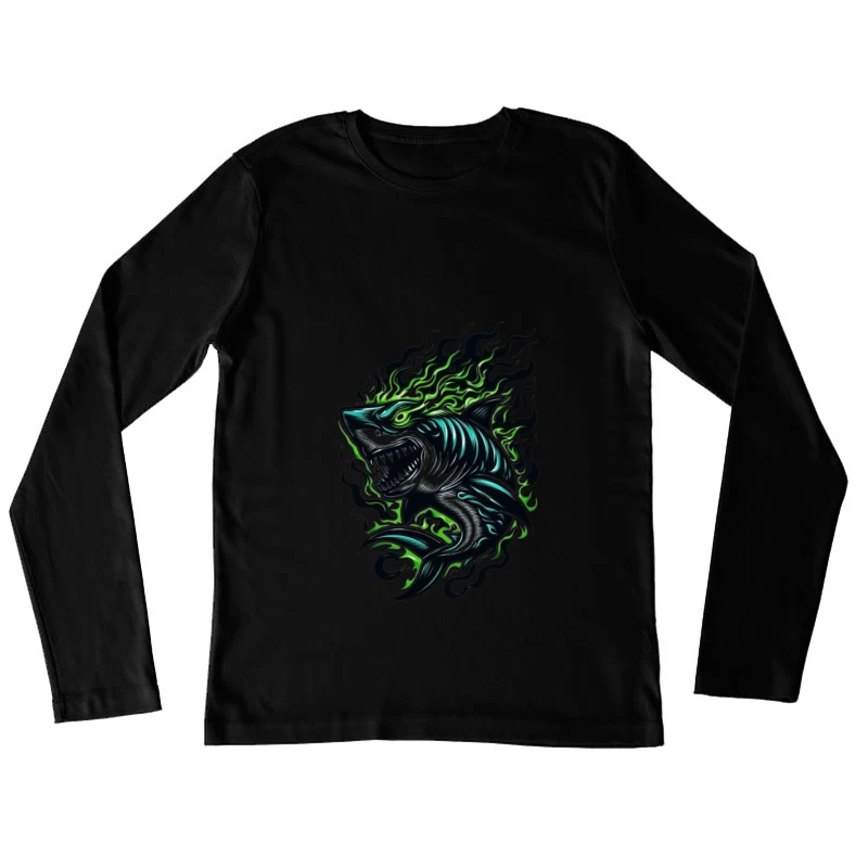 Fierce Tribal Shark with Flames Female Long Sleeve T-Shirt