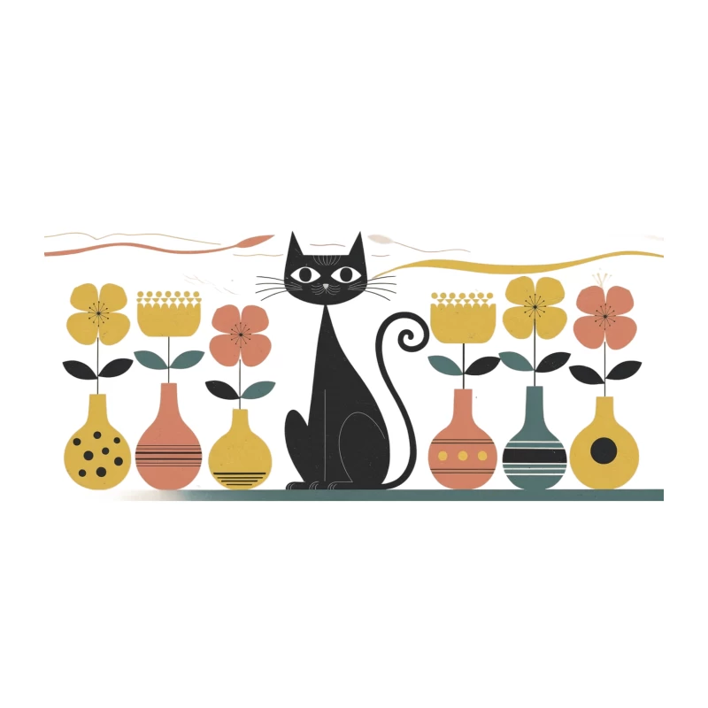 Retro Cat and Floral Vase Illustration in Scandinavian Style Tapestry