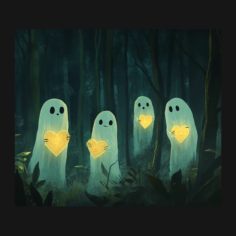 Cute Glowing Ghosts with Hearts in Spooky Forest Mouse Pad
