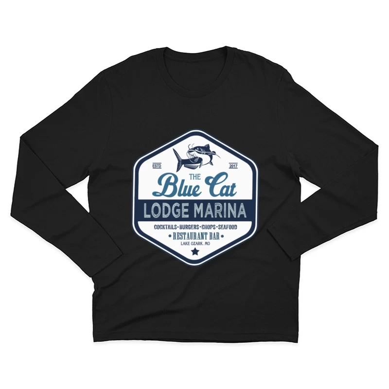 The Blue Cat Lodge Marina Restaurant and Bar - Vintage Nautical Logo Design Male Long Sleeve T-Shirt