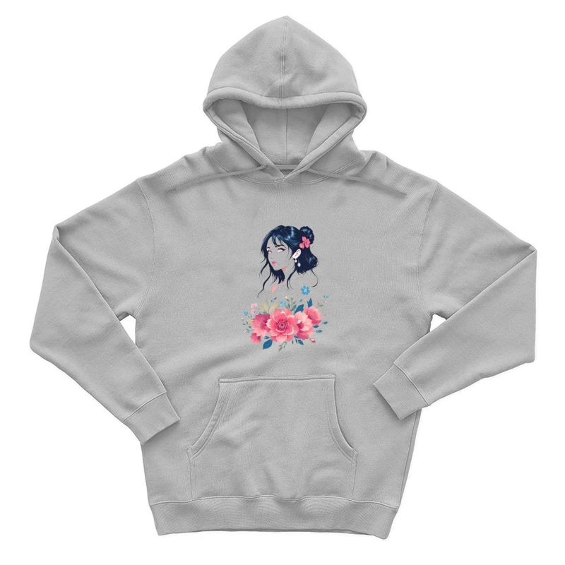 Elegant Anime Portrait with Pink Floral Arrangement Male Pullover Hoodie