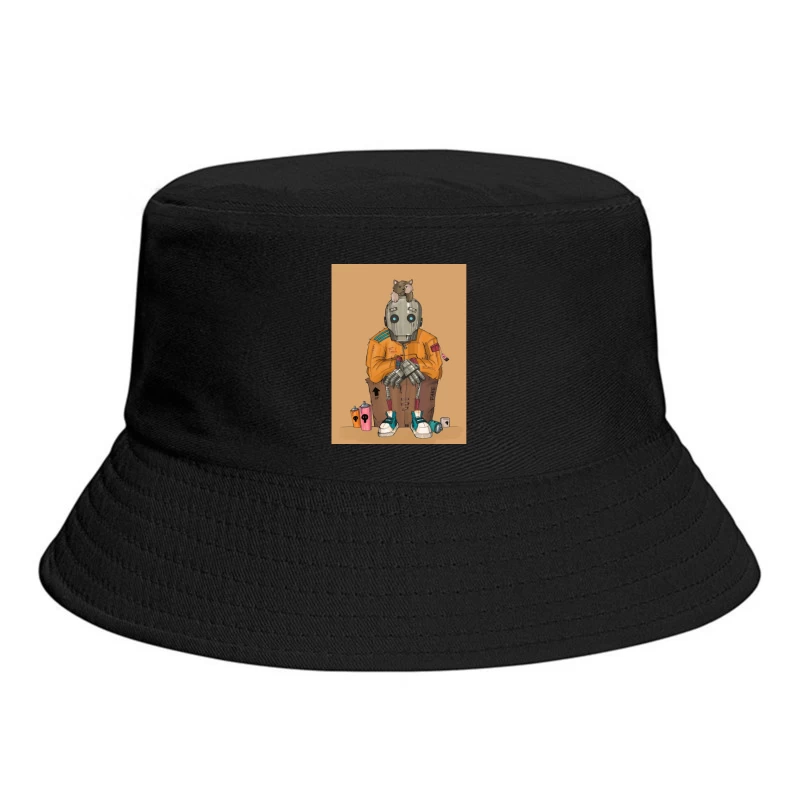 Urban Robot with Cat in Street Art Style Bucket Hat