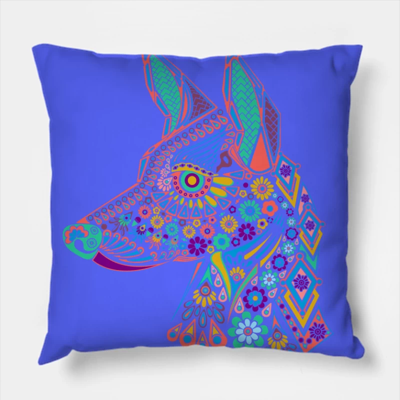 Colorful Floral Dog Illustration Throw Pillow