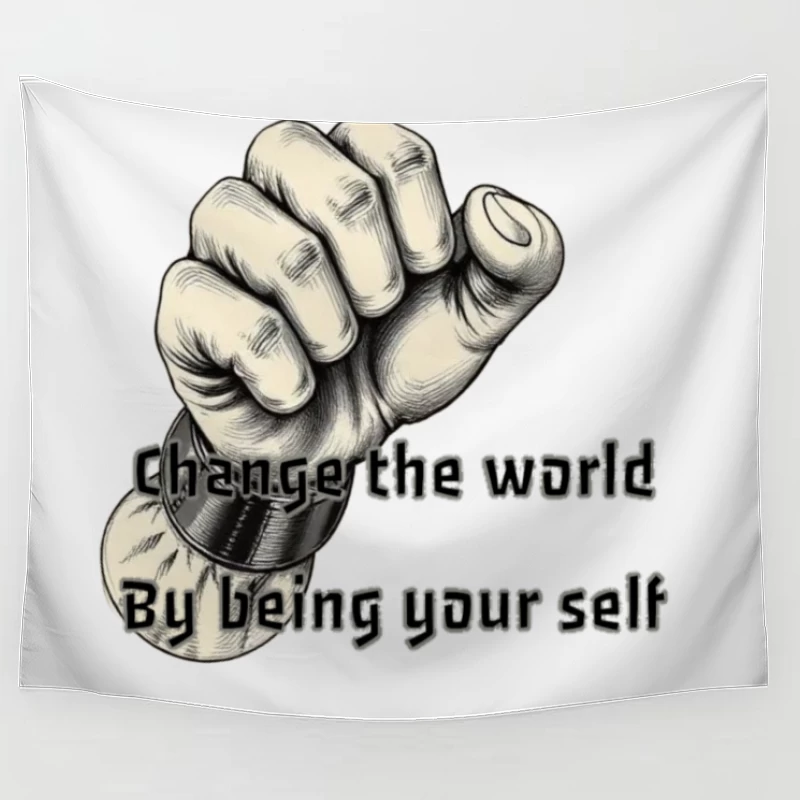 Empowering Motivational Art: Raised Fist with Self-Expression Message Tapestry