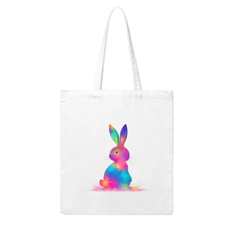 Whimsical Rainbow Watercolor Bunny Illustration Cotton Tote Bag