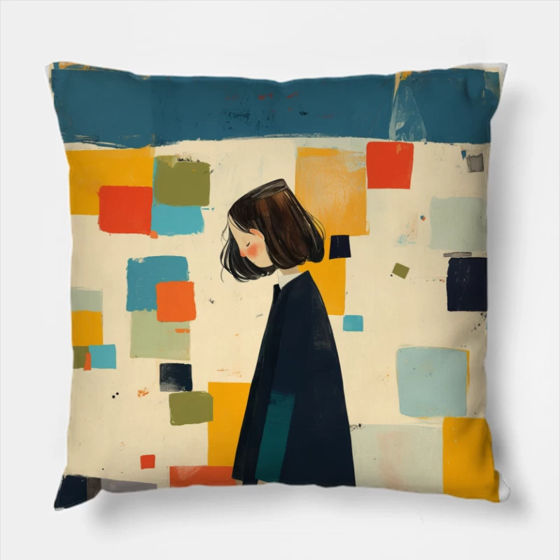 Minimalist Illustration of Figure in Black Coat Against Colorful Abstract Squares Throw Pillow