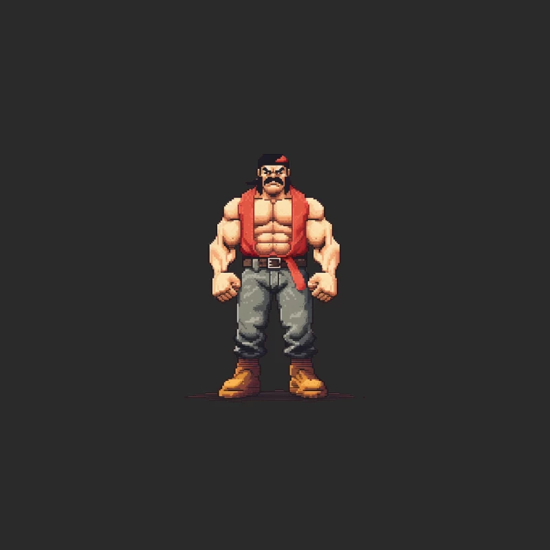 Retro Pixel Art Muscular Fighter in Red Vest Baseball Cap