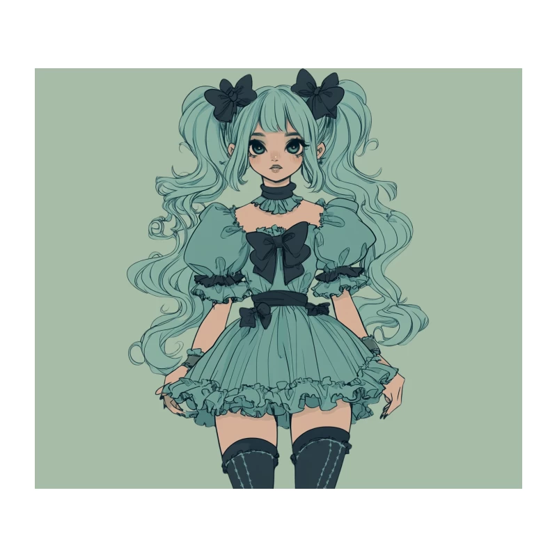 Mint-Haired Gothic Lolita Anime Girl in Frilly Dress Tapestry