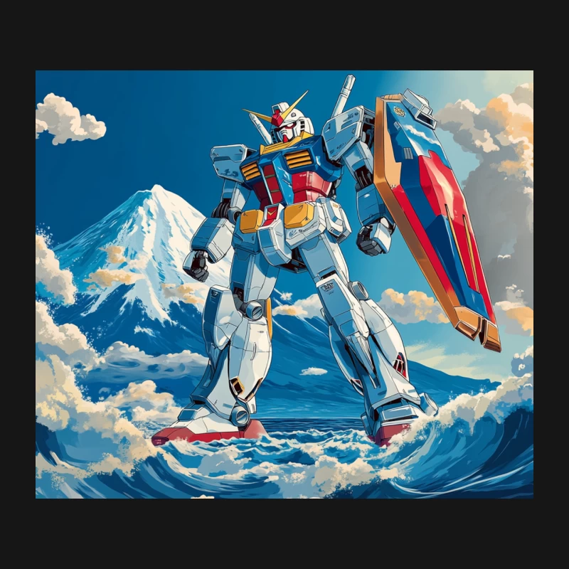 Majestic Gundam Mecha Stands Amid Ocean Waves with Mount Fuji Backdrop Mouse Pad