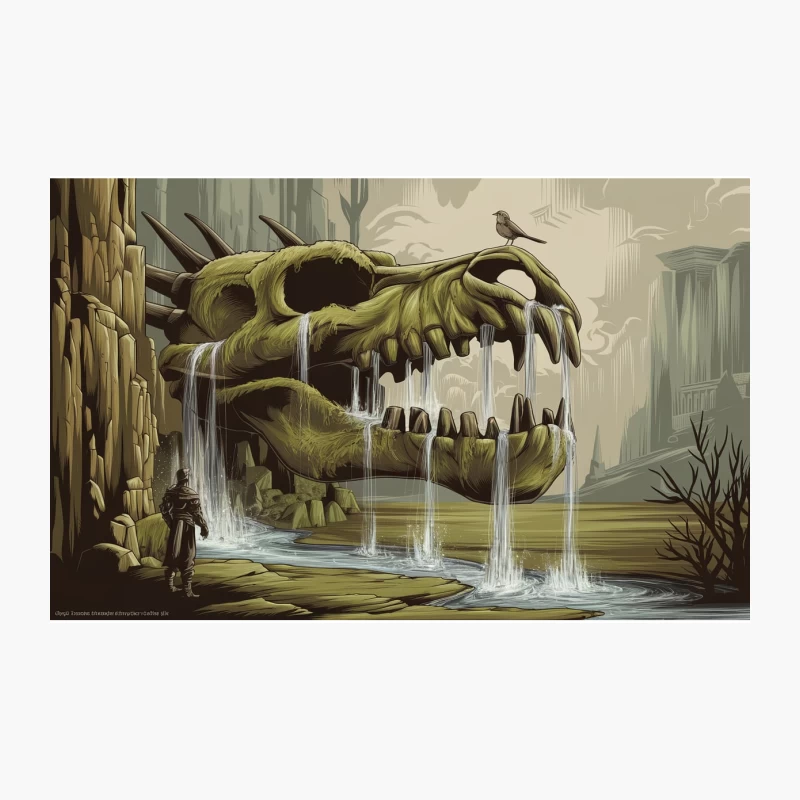 Surreal Dinosaur Skull Waterfall in Fantasy Ruins Travel Mug