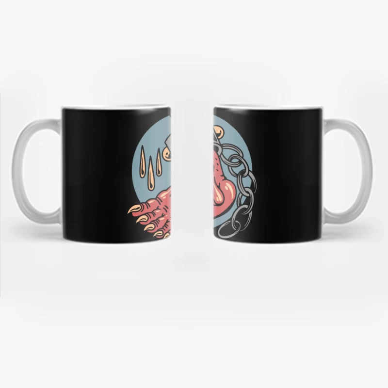 Surreal Horror Illustration of a Chain-Bound Hand Coffee Mug