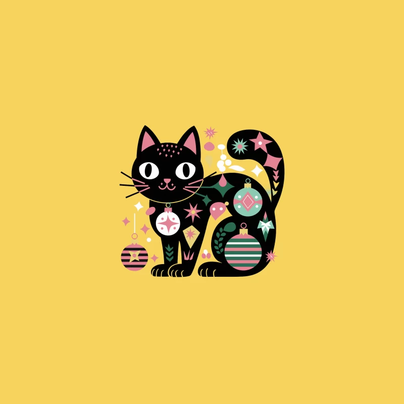 Festive Black Cat with Christmas Ornaments Illustration Bucket Hat