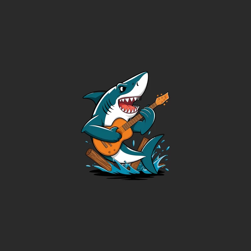 Cartoon Shark Playing Guitar in Ocean Waves Baseball Cap