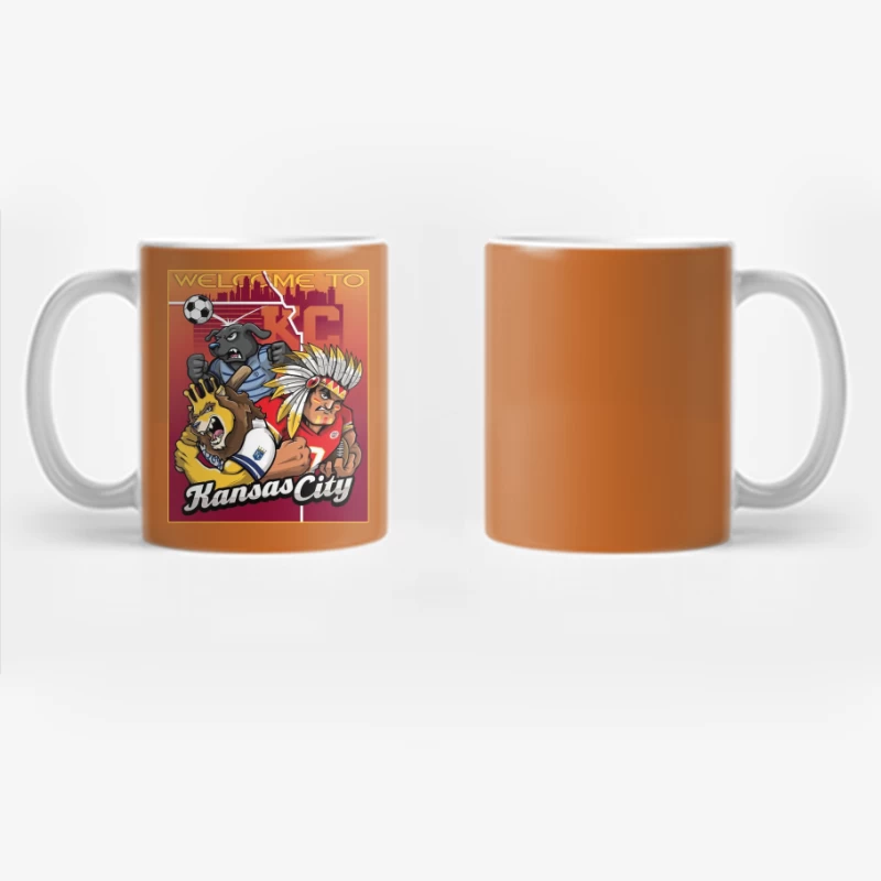 Kansas City Sports Mascots with City Skyline Illustration Coffee Mug