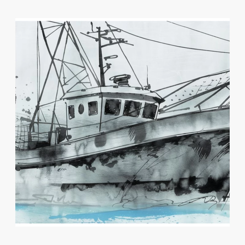 Watercolor Illustration of a Nautical Fishing Boat Seascape Throw Pillow
