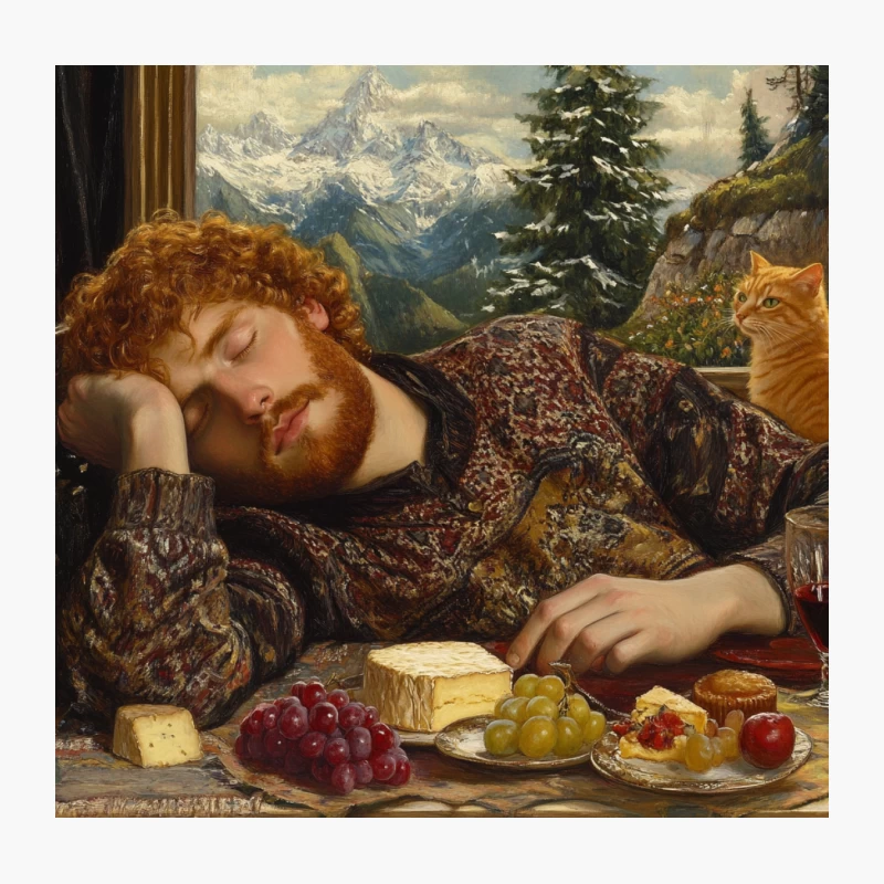 Sleeping Man with Feast and Mountain View Throw Pillow