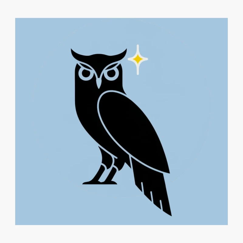Minimalist Black Owl Illustration with Blue Circle and Star Throw Pillow