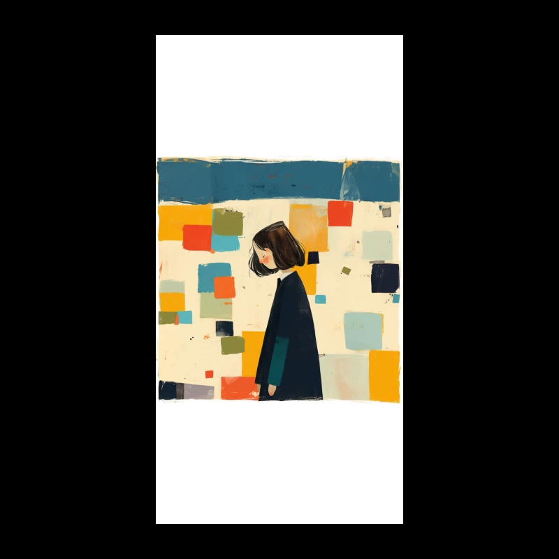 Minimalist Illustration of Figure in Black Coat Against Colorful Abstract Squares iPhone Case