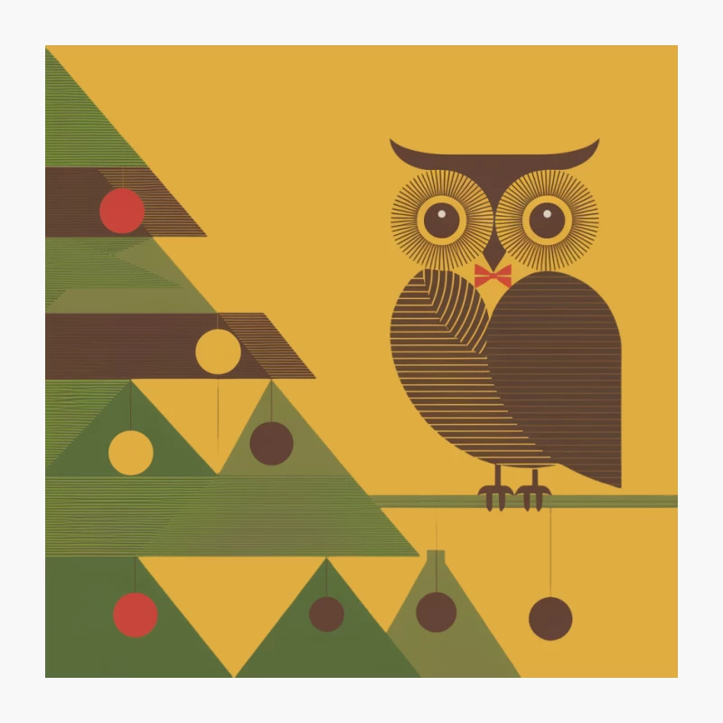 Retro Geometric Owl with Christmas Tree Illustration Pin