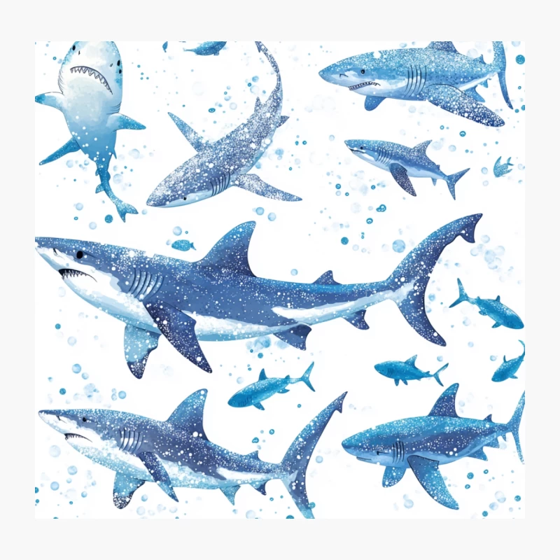 Watercolor Illustration of Blue Sharks in the Ocean Throw Pillow