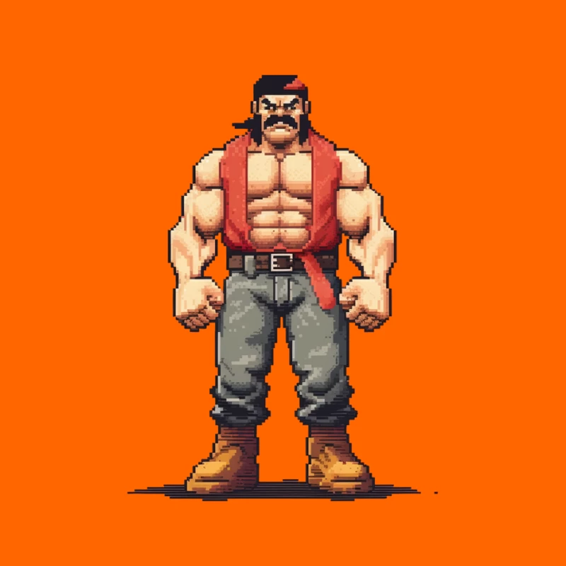 Retro Pixel Art Muscular Fighter in Red Vest Pin