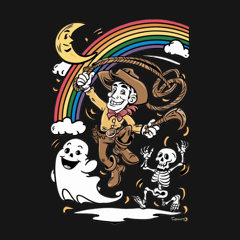 cartoon cowboy rainbow moon ghost skeleton lasso whimsical Female T-Shirt