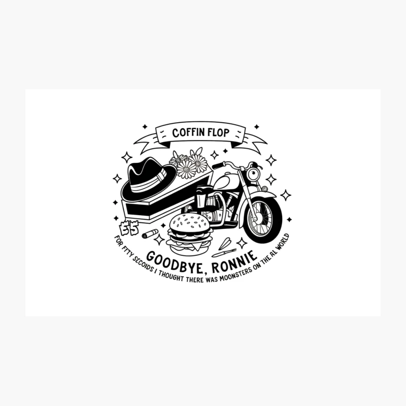 Vintage Coffin Flop: A Monochrome Farewell with Motorcycle and Burger Travel Mug