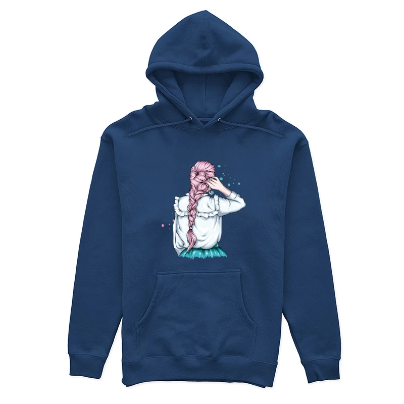 Whimsical Illustration of a Girl with Pink Hair in a Braid Female Pullover Hoodie