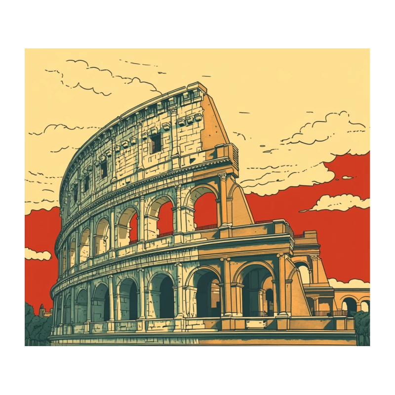 Artistic Illustration of Rome's Colosseum at Sunset Tapestry