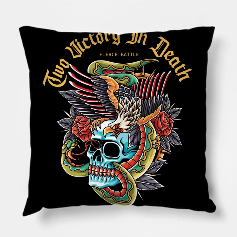 Fierce Battle Tattoo Design Featuring Skull, Eagle, and Snake Throw Pillow