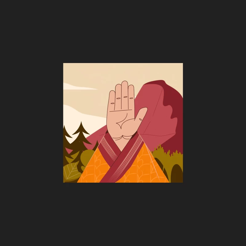 Stylized Buddhist Monk in Mountain Landscape Bucket Hat