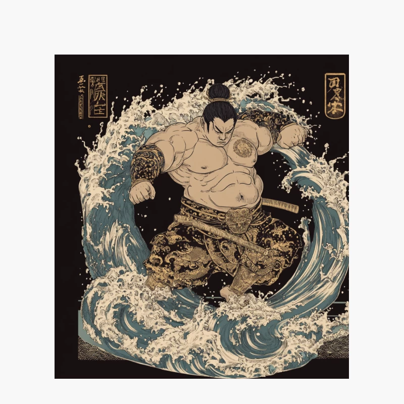 Powerful Sumo Warrior Riding the Waves in Traditional Japanese Style Cotton Tote Bag