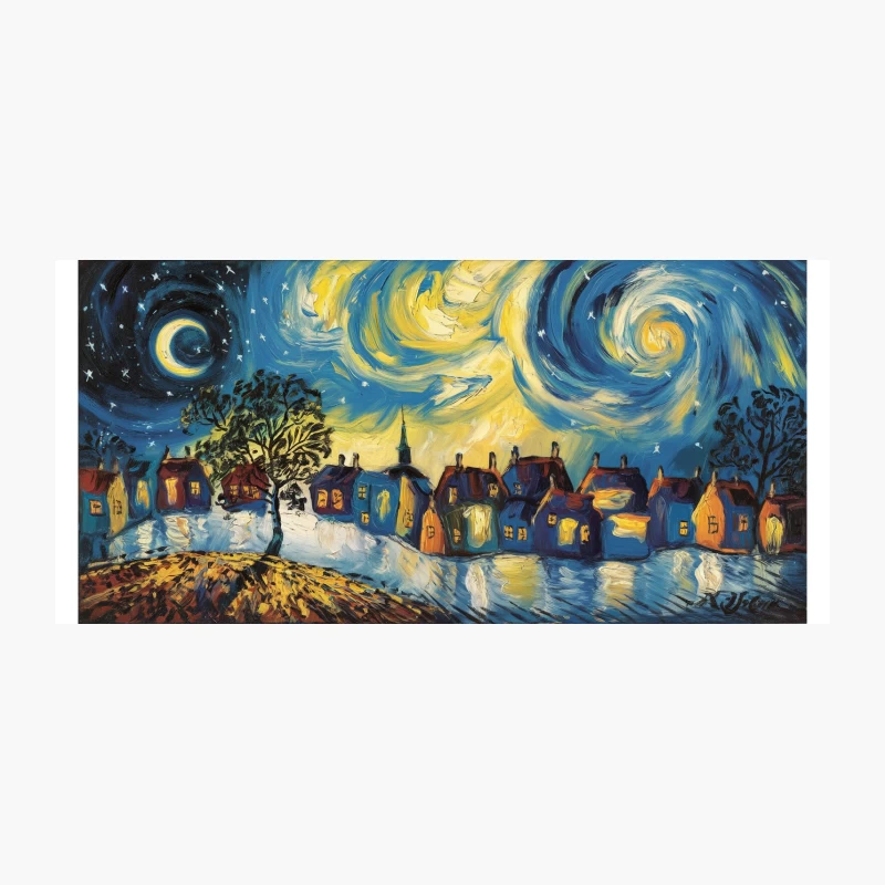 A Starry Night Over a Whimsical Village: Van Gogh-Inspired Impressionist Landscape Coffee Mug
