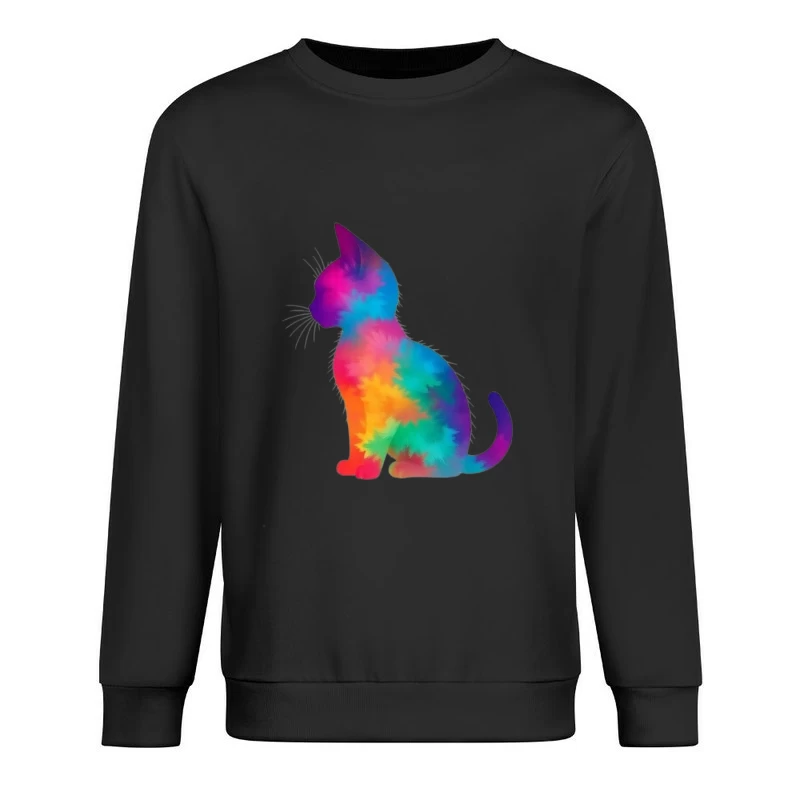 Rainbow Tie-Dye Cat Silhouette Art Male Pullover Sweatshirt