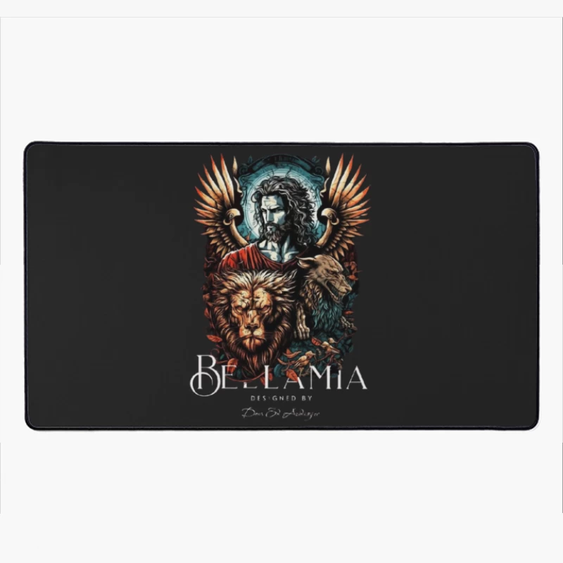 Mystical Religious Gothic Art with Lion and Angel Wings Desk Mat