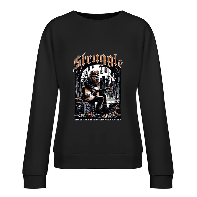 Punk Rock Skeleton Guitarist in Urban Grunge Scene Female Pullover Sweatshirt