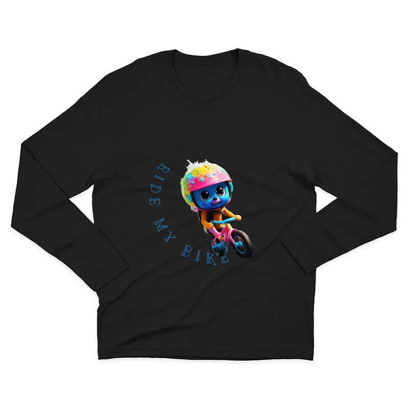 Cute Blue Animated Character Riding Colorful Bike with Safety Helmet Male Long Sleeve T-Shirt