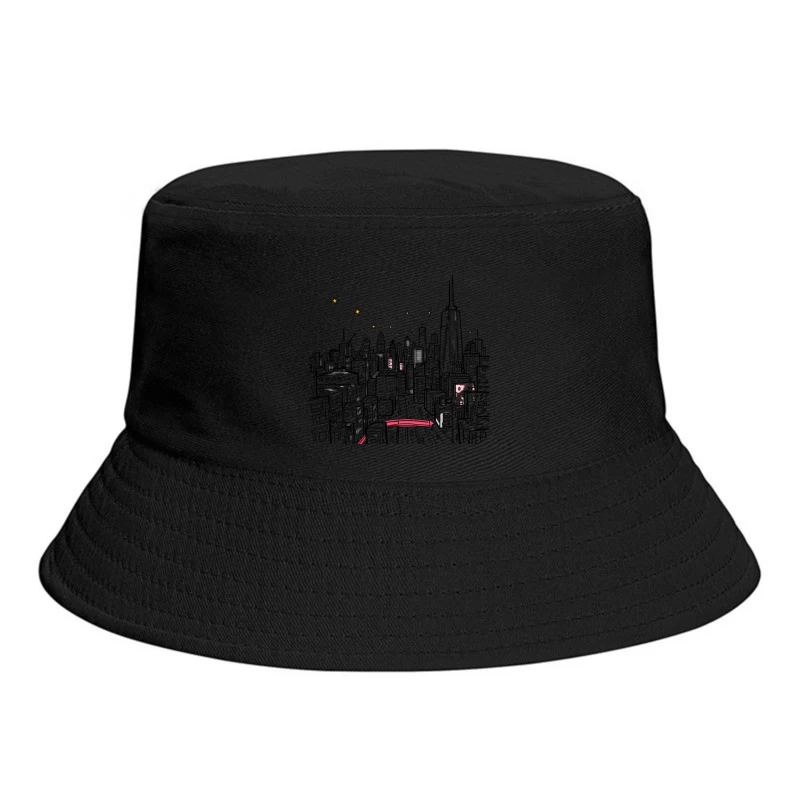 Nighttime Cityscape Illustration Bucket Hat