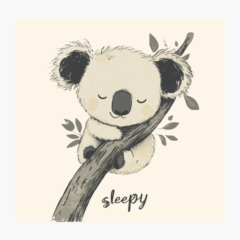 Sleepy Koala Bear Hugging Tree Branch Illustration Throw Pillow