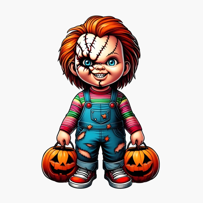 Cartoon Chucky Doll with Halloween Pumpkins Cotton Tote Bag
