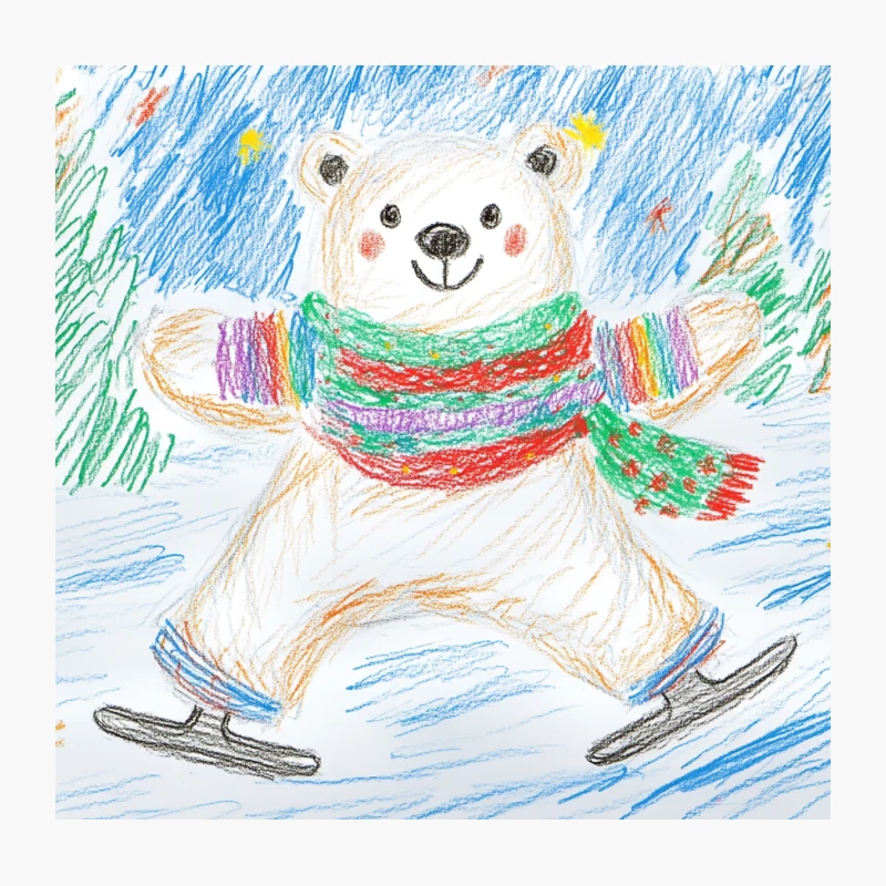 Cheerful Ice Skating Polar Bear in Colorful Winter Attire - Children's Crayon Drawing Throw Pillow