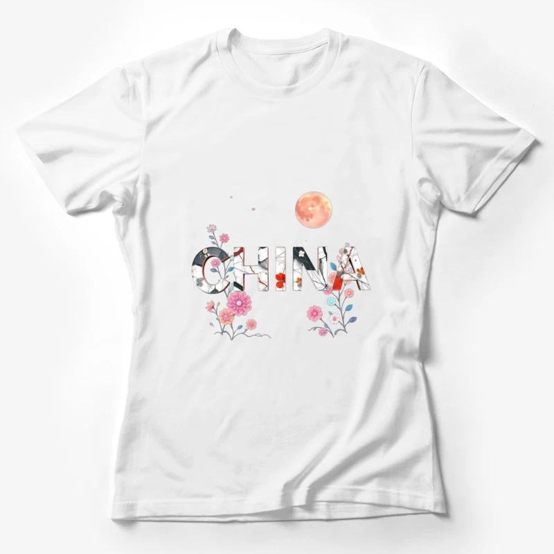 Floral Chinese Typography with Pink Moon and Cherry Blossoms Female T-Shirt