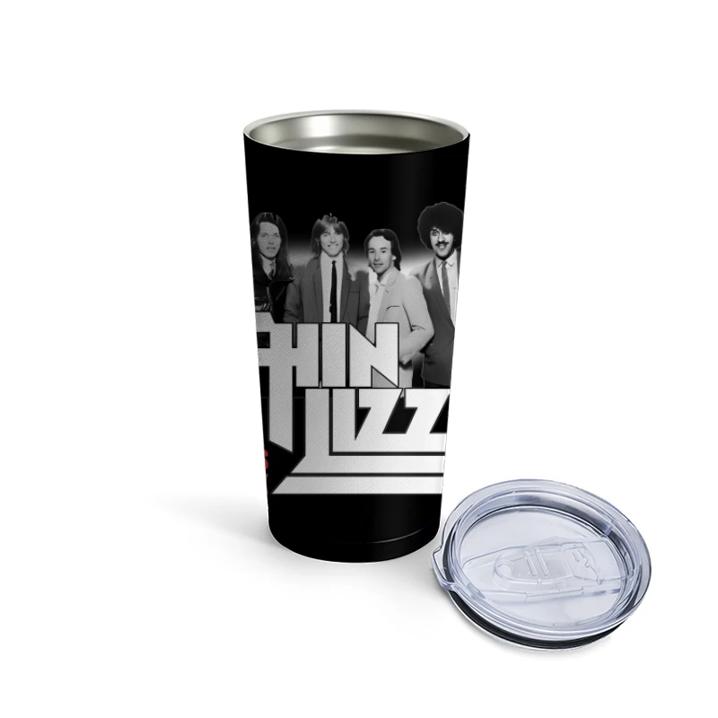 Thin Lizzy "The Boys Are Back" Album Cover - Classic Rock Band Portrait in Black and White Travel Mug