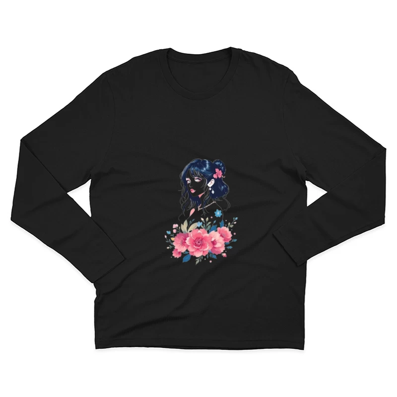 Elegant Anime Portrait with Pink Floral Arrangement Male Long Sleeve T-Shirt