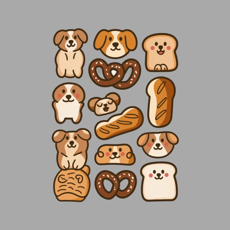 Cute Cartoon Dogs and Bread Icons in Kawaii Style Male Pullover Hoodie