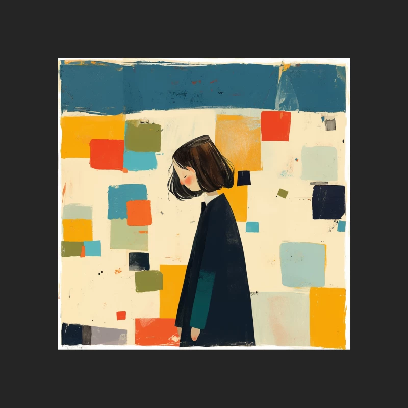 Minimalist Illustration of Figure in Black Coat Against Colorful Abstract Squares Female Pullover Sweatshirt