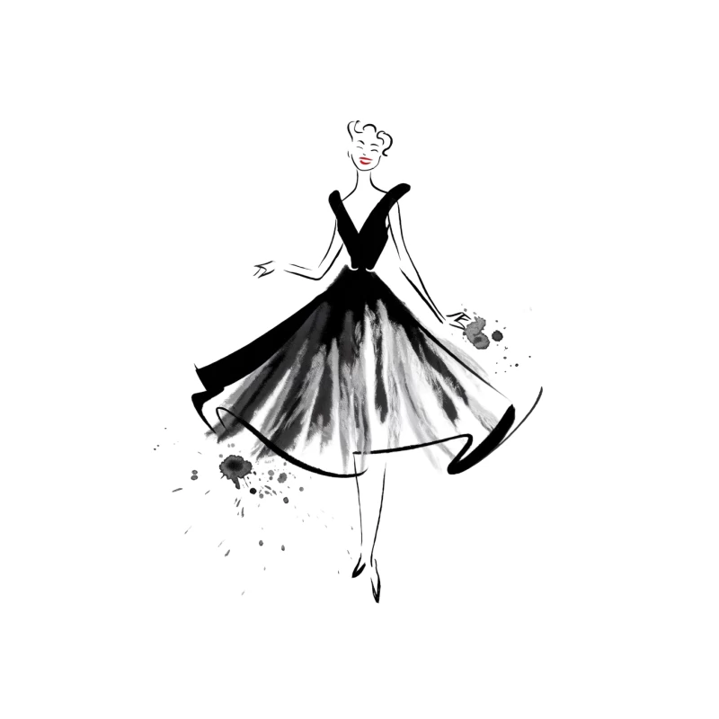 Elegant Black Dress Fashion Sketch with Watercolor Accents Tapestry