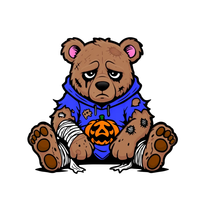 Sad Injured Teddy Bear in Blue Hoodie with Halloween Pumpkin Throw Pillow