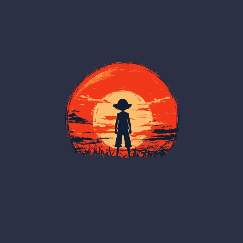 Silhouetted Straw Hat Figure Against Fiery Anime Sunset Bucket Hat